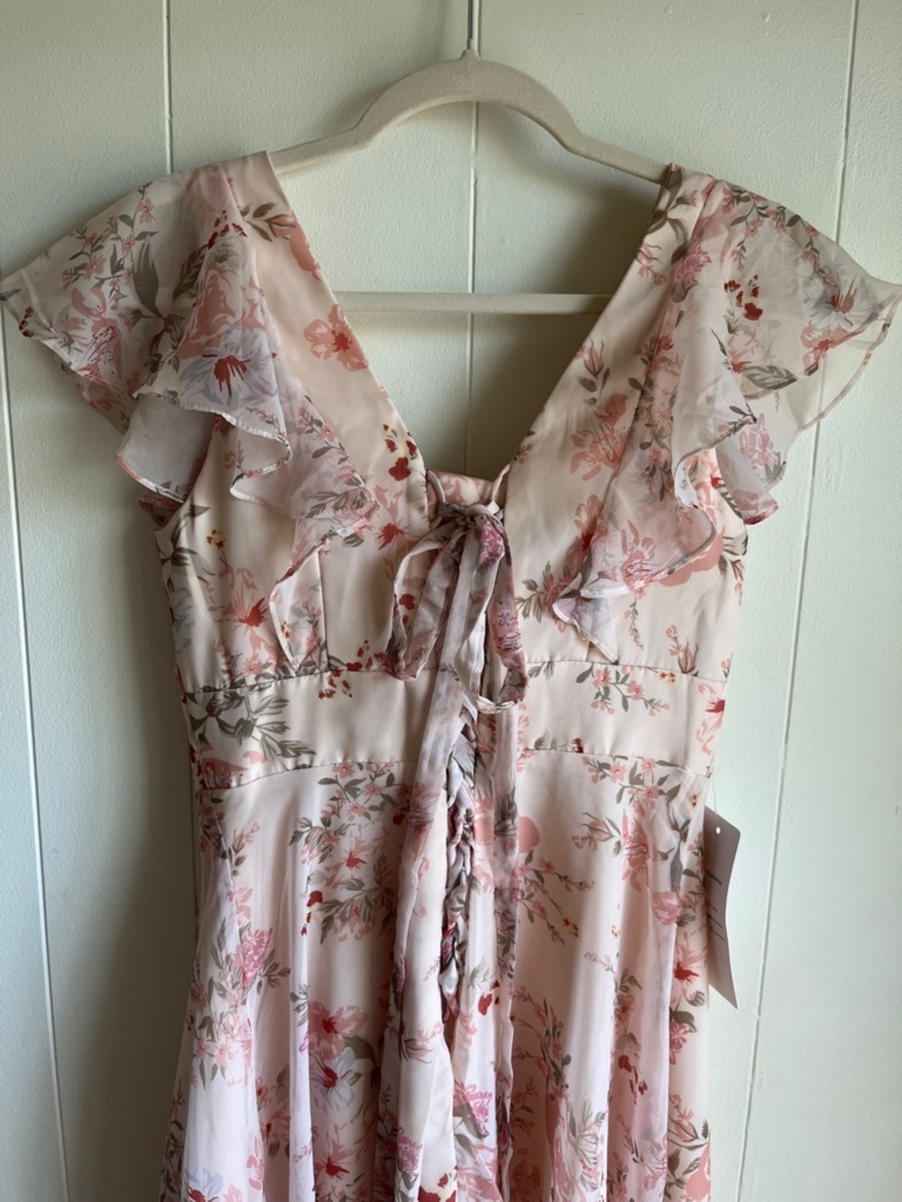 Amazon Pink Floral Ruffle V-Neck Maxi Wrap Wedding Mother Dress Sz Med - Picture 8 of 11